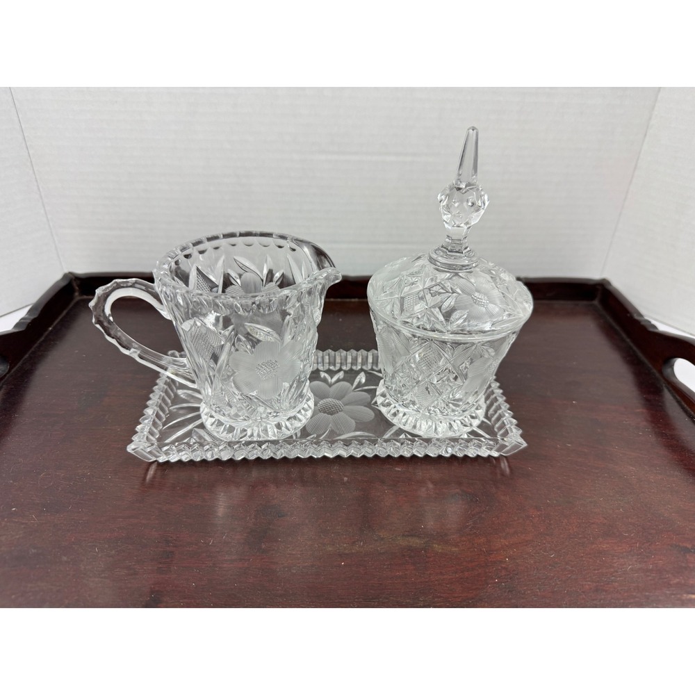 Vintage Cut Glass Cream and Sugar Set with Tray Daisy Button Floral 3 Piece